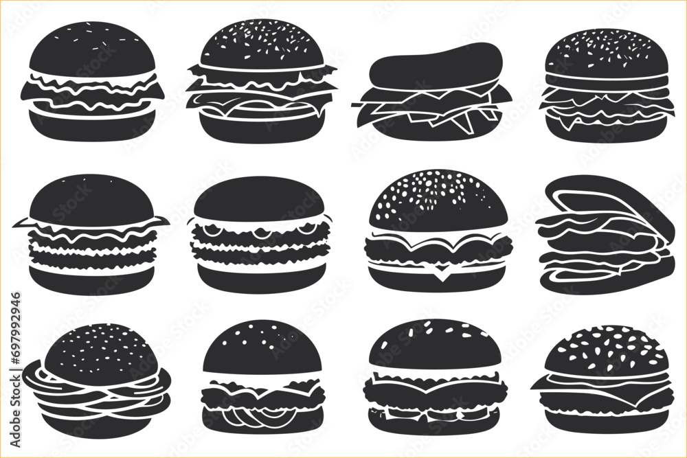 Burger silhouette set, silhouettes of hamburger set, Silhouettes of hamburger, Burger vector silhouette