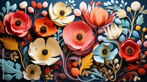 A vibrant still life painting captures the delicate beauty of paper flowers, their colorful petals blooming against a serene blue background