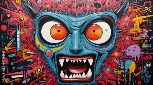 An edgy and expressive cartoon face, rendered with bold lines and vivid colors, exudes a menacing yet captivating energy through its piercing red eyes and sharp, toothy grin