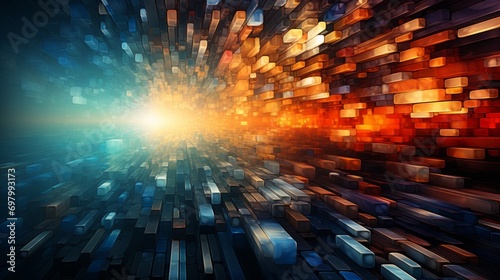 A mesmerizing cityscape at night, captured in a image, showcasing a vibrant display of rectangular shapes illuminated by a radiant light atop a towering skyscraper