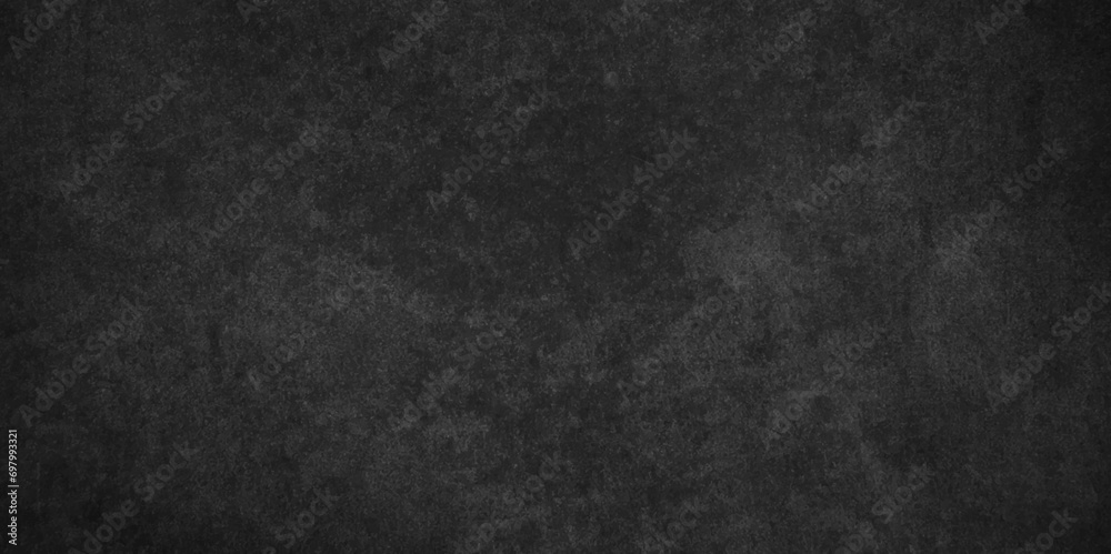 Dark black grunge textured concrete old blackboard and chalkboard rough background. Panorama dark grey black slate background or texture. Vector black concrete texture. Stone wall background.