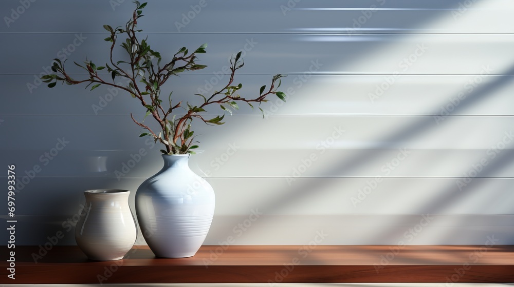 A peaceful still life captured in a moment, as a delicate houseplant sits gracefully in a white vase against a wall, casting a shadow in the warm light streaming through an indoor window A peaceful still life captured in a moment, as a delicate houseplant sits gracefully in a white vase against a wall, casting a shadow in the warm light streaming through an indoor window