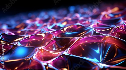 Mesmerizing hues of magenta dance upon a reflective glass canvas, creating a vibrant and intricate abstract fractal art piece that captures the eye with its radiant colorfulness and sparkling light