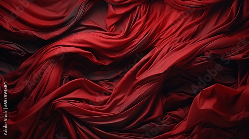 Obraz na płótnie An abstract image of flowing, shiny red fabric draped over a dark background. The composition lacks a specific subject but highlights the texture and movement of the fabric w salonie