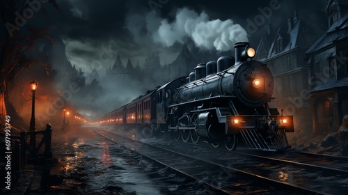 A steam train chugs through a dark forest at night, its lantern-lit engine trailing steam. Eerie shadows loom as the train ventures forward under a cloudy sky
