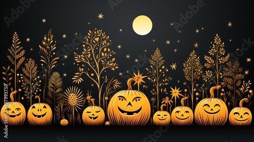 A spooky Halloween scene with eerie jack o'lanterns in the foreground, leaf-covered trees in the background, and a dark night sky adorned with stars and a glowing moon
