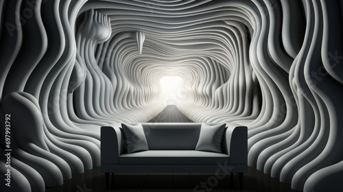 A 3D room with a white couch at its center is bathed in light from the right, highlighting large, curved, wave-like shapes that make up the walls