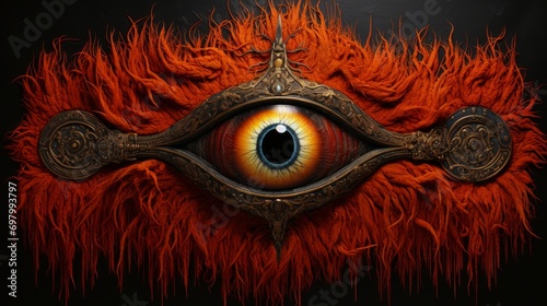 In this image, a powerful and mysterious eye emerges from darkness and captivates with its fiery gaze. Adorned with vivid feathered eyelashes and a radiant crimson center