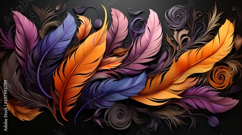 Colorful feathers form a stunning floral arrangement against a black backdrop in this digital artwork. The vibrant colors and intricate pattern create a visually captivating image