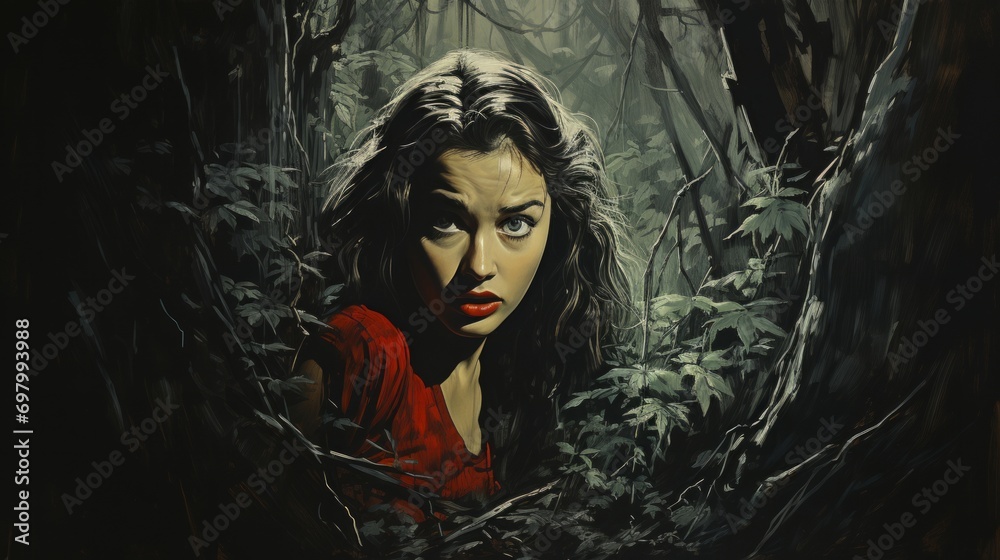 A mysterious woman with red hair and dress gazes at the viewer in a dark and eerie forest. The painting emanates a sense of foreboding and intrigue