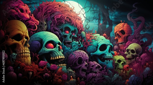 A circle of colorful skulls amidst a dark, haunting forest. Some face the center, others look away. The spooky background enhances the eerie atmosphere