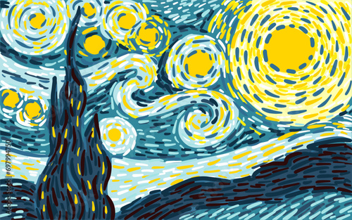 Glowing moon on a blue sky abstract background. vector pattern in the style of impressionist paintings.