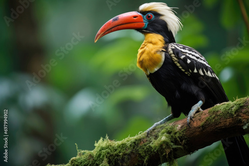 A Helmeted Hornbill perching on a tree branch in the lush rainforest