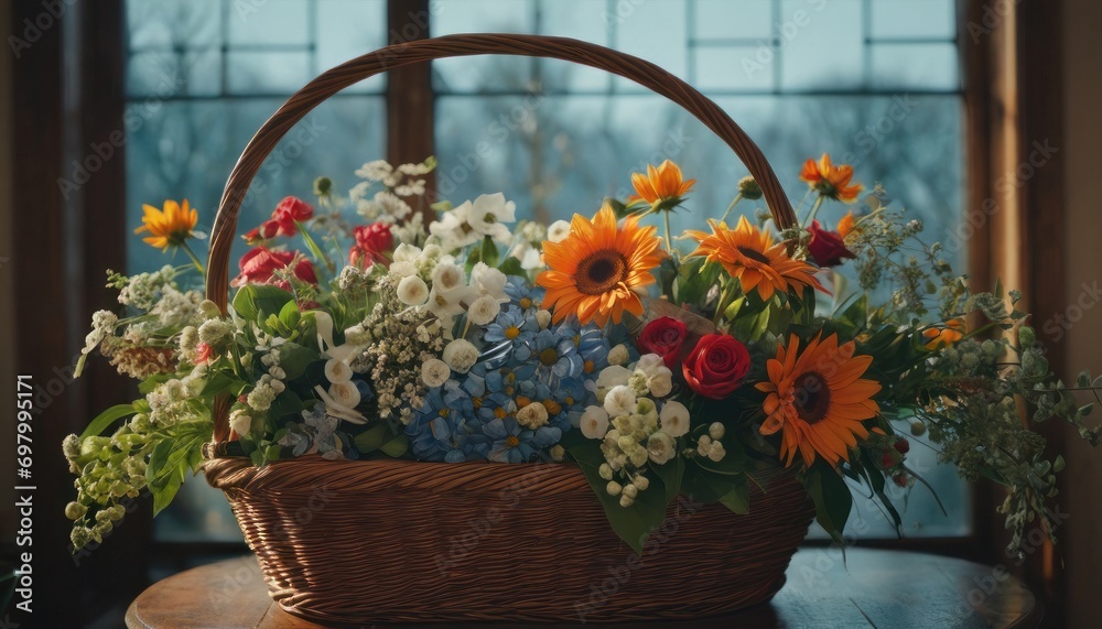  a basket filled with lots of flowers sitting on top of a wooden table next to a window with a large window sill in the back of the room behind it.