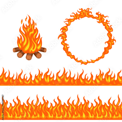 Vector Fire. Set of design elements isolated on white background. Ring of flame, fire seamless pattern and bright bonfire with firewood. Cartoon flat illustration.