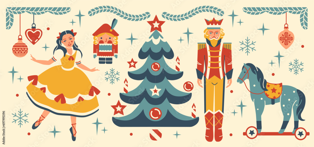 Fairy Tail set of nutcracker. Christmas tree decorations. Isolated vector illustration. Elegant flat style art. Vintage Noel collection of isolated holiday illustrations, stickers.