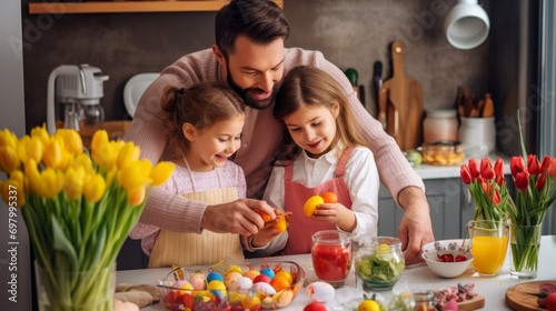Happy family spending time together during Easter holiday at home. Two cute kids painting easter eggs with dad in a bright kitchen with tulips. Happy easter 