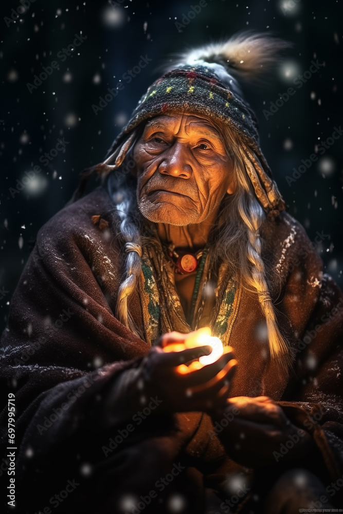 A tribal elder cloaked in fur and feathers imparts ancestral knowledge to a circle of initiates