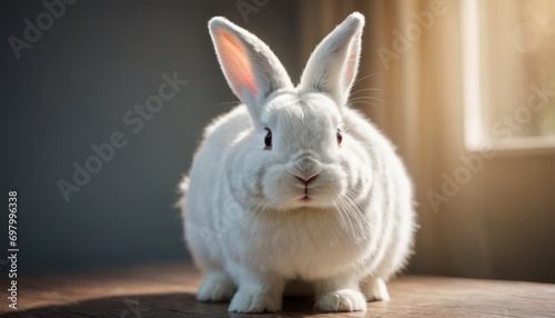  a white rabbit sitting on top of a wooden table in front of a window with sunlight streaming through the window pane behind it and a light shining on the rabbit s head.