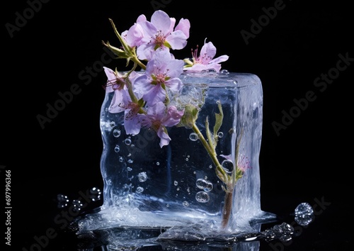  flower frozen into a ice block, neutral background, -- photo