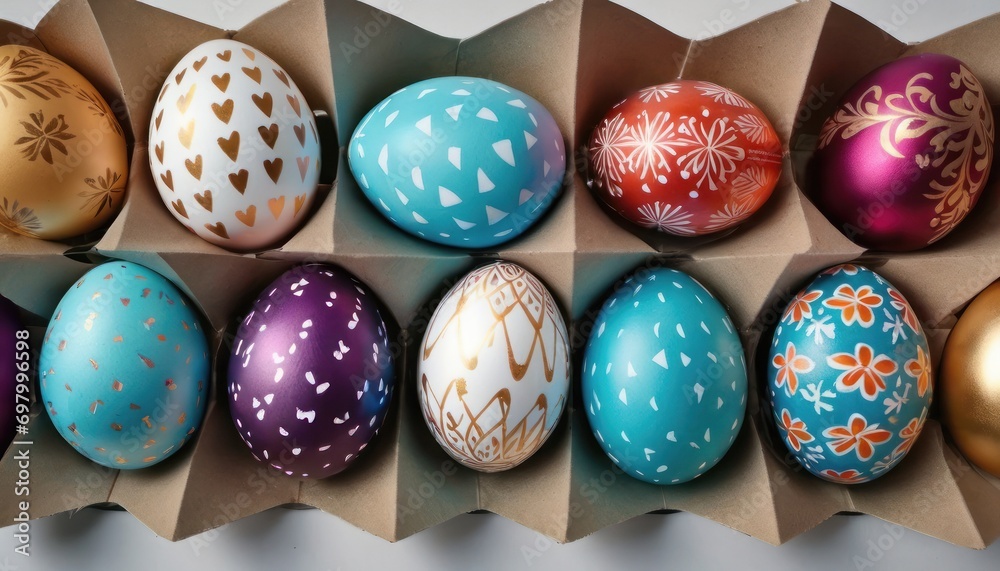 a cardboard box filled with lots of colorful easter eggs in different shapes and colors of the eggs are painted with gold, white, blue, pink, and orange. a cardboard box filled with lots of colorful easter eggs in different shapes and colors of the eggs are painted with gold, white, blue, pink, and orange.