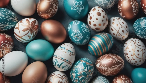  a close up of a bunch of different colored easter eggs with designs on them, all of which have been painted with gold, blue, white, and brown.