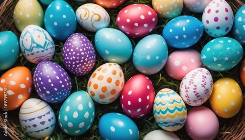  a basket filled with lots of colorful easter eggs on top of a green grass covered ground next to a basket of eggs with white polka dots on top of eggs.