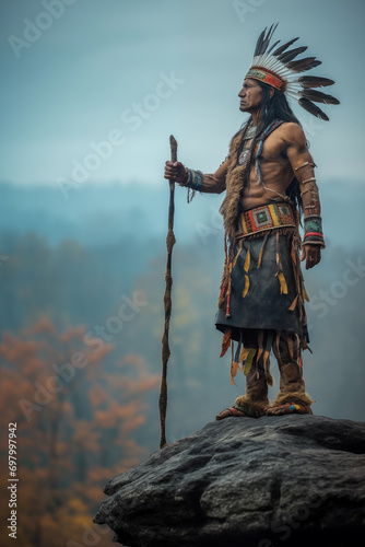 A tribal seer stands atop a rocky peak