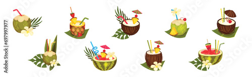 Cool Coconut and Pineapple Cocktail in Shell with Straw Vector Set