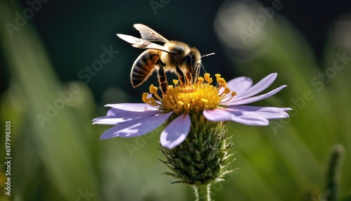  a close up of a bee on a flower with a blurry background of grass and a blurry background of grass and a bee on a flower with a blurry background.