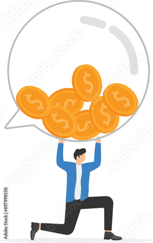 Businessman carrying huge with speech bubble. Business, Company, Funds, gold. Vector illustration

