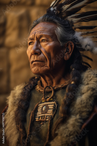 a native warrior stands amidst ancient ruins
