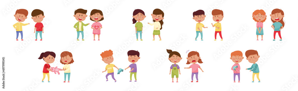 Warring Boy and Girl with Offensive Behavior Insulting Agemate Vector Set Warring Boy and Girl with Offensive Behavior Insulting Agemate Vector Set
