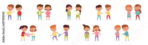 Warring Boy and Girl with Offensive Behavior Insulting Agemate Vector Set