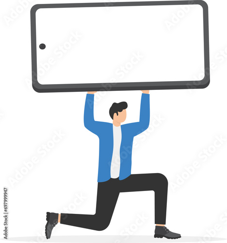 Businessman carrying huge with smartphone. Frustrated phone user. Social network and Telephone life makes him crazy. Flat vector illustration

