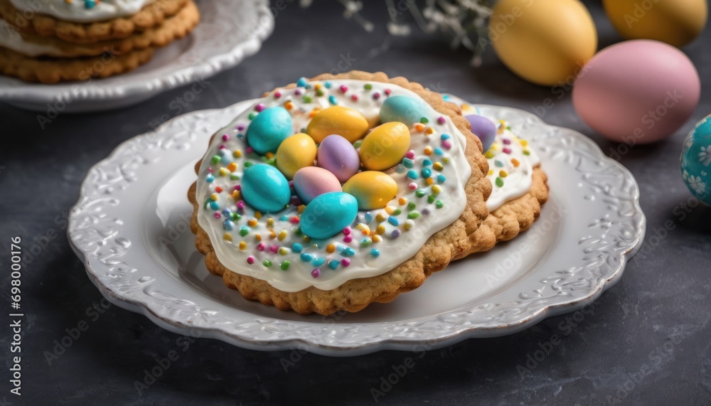  a close up of a plate of cookies on a table with eggs in the middle of the cookies and eggs in the middle of the cookies in the middle of the cookies.