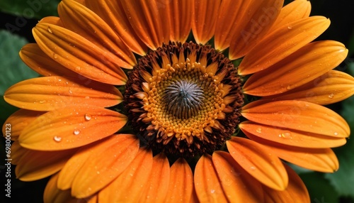  a close up of an orange flower with water droplets on it s petals and a green leaf in the background with water droplets on the petals and on the petals.