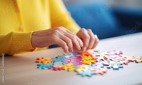 Placing the Missing Piece: A Puzzle Enthusiast Completing a Puzzle on a Table