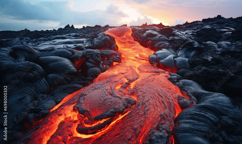 A Majestic Sunset Over the Ocean Embracing the Mesmerizing Flow of Lava