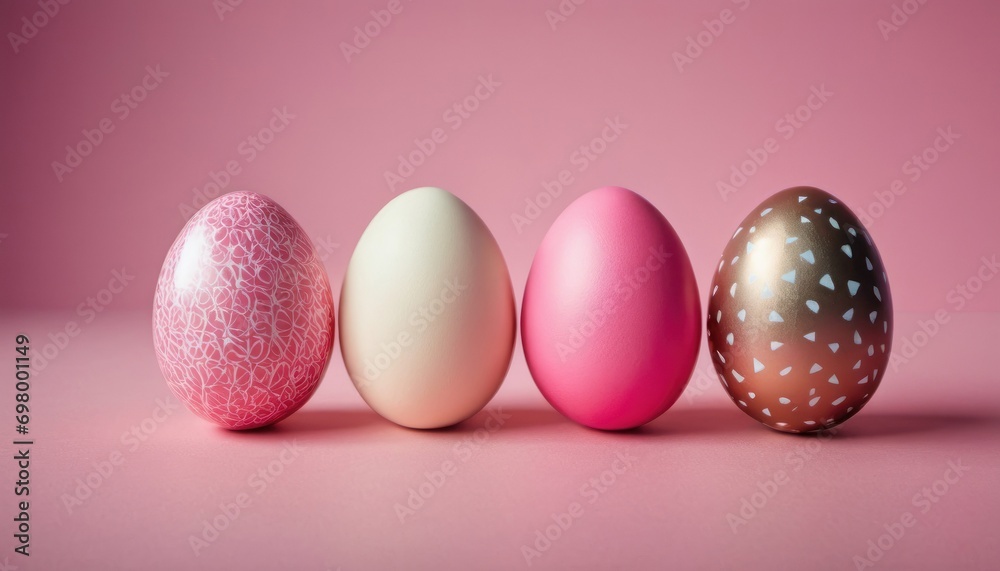 a group of three eggs sitting next to each other on top of a pink surface with a pattern on one of the eggs and two of the eggs in the same row. a group of three eggs sitting next to each other on top of a pink surface with a pattern on one of the eggs and two of the eggs in the same row.