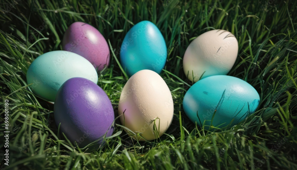 a group of eggs sitting on top of a green grass covered grass covered in blue, pink, and green eggs on top of a lush green grass covered field. a group of eggs sitting on top of a green grass covered grass covered in blue, pink, and green eggs on top of a lush green grass covered field.