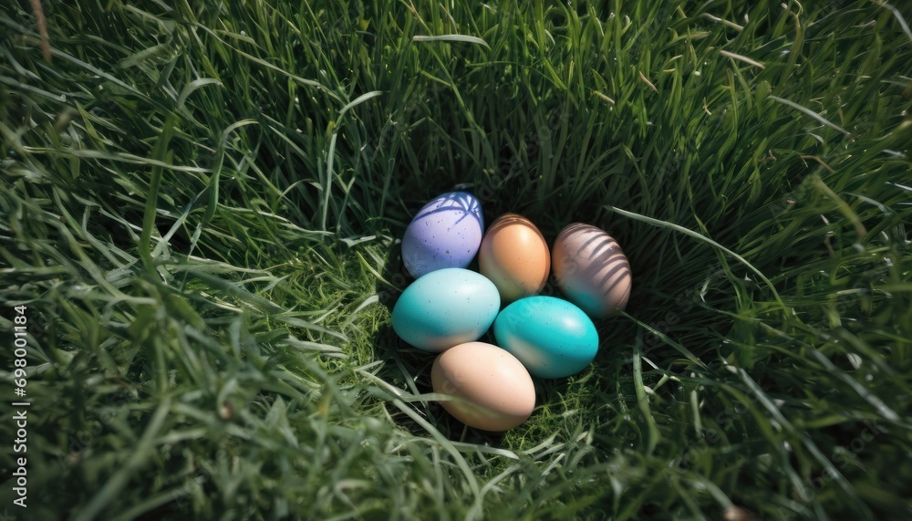  a group of eggs sitting in the middle of a green grass covered field with a blue and white egg in the middle of the row of the eggs on top of the row.