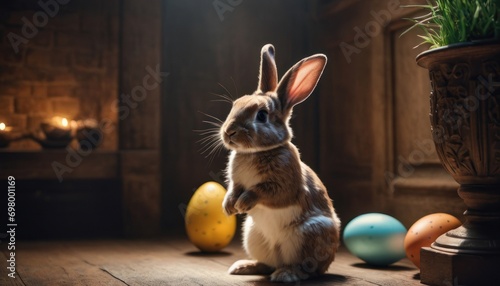 Tela a rabbit standing on its hind legs in front of a potted plant and easter eggs on a wooden floor in front of a fireplace with candles in the background