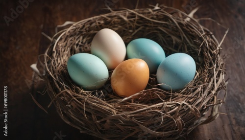  a bird's nest filled with eggs on top of a wooden table in front of a wooden table with a brown and white bird's nest filled with four eggs.