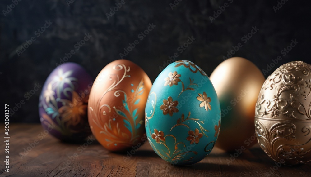 a row of painted eggs sitting on top of a wooden table in front of a black wall with a floral design on the side of the eggs and the row. a row of painted eggs sitting on top of a wooden table in front of a black wall with a floral design on the side of the eggs and the row.