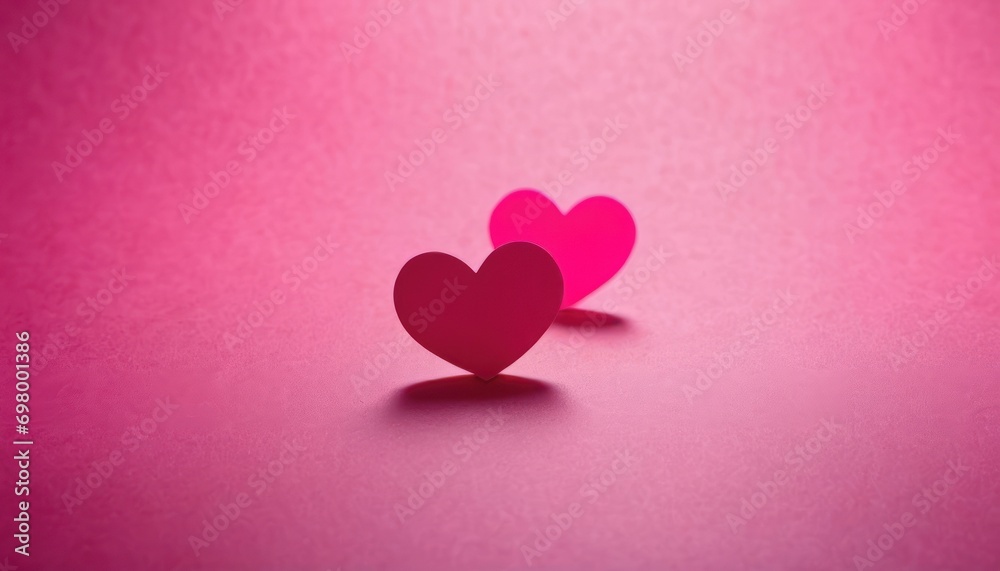  a couple of pink hearts sitting on top of a pink table next to a pink wall with a shadow of two hearts in the middle of the image and a pink background.