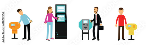 People Character Withdrawing Cash in ATM Terminal Vector Set