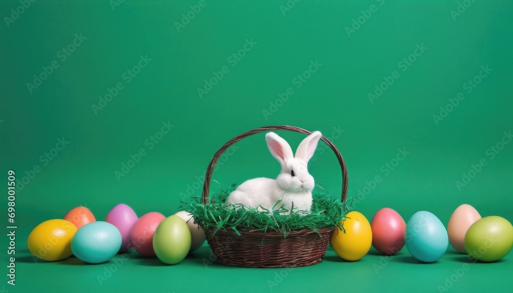  a white rabbit sitting in a basket next to a row of colored eggs on a green background with a row of colored eggs in front of them on a green background.