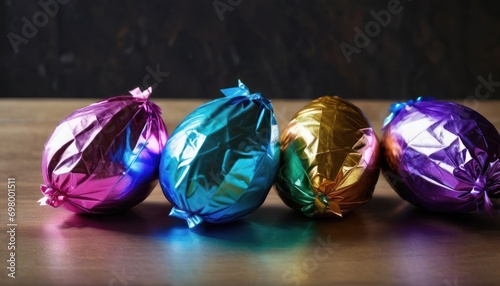  a group of three shiny easter eggs sitting on top of a wooden table with foil wrapped around them and a bow on the top of each one of the eggs.