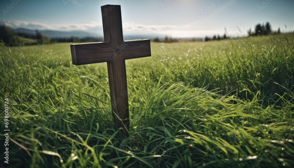  a wooden cross sitting in the middle of a field of green grass with a blue sky in the back ground and a few clouds in the sky in the background.